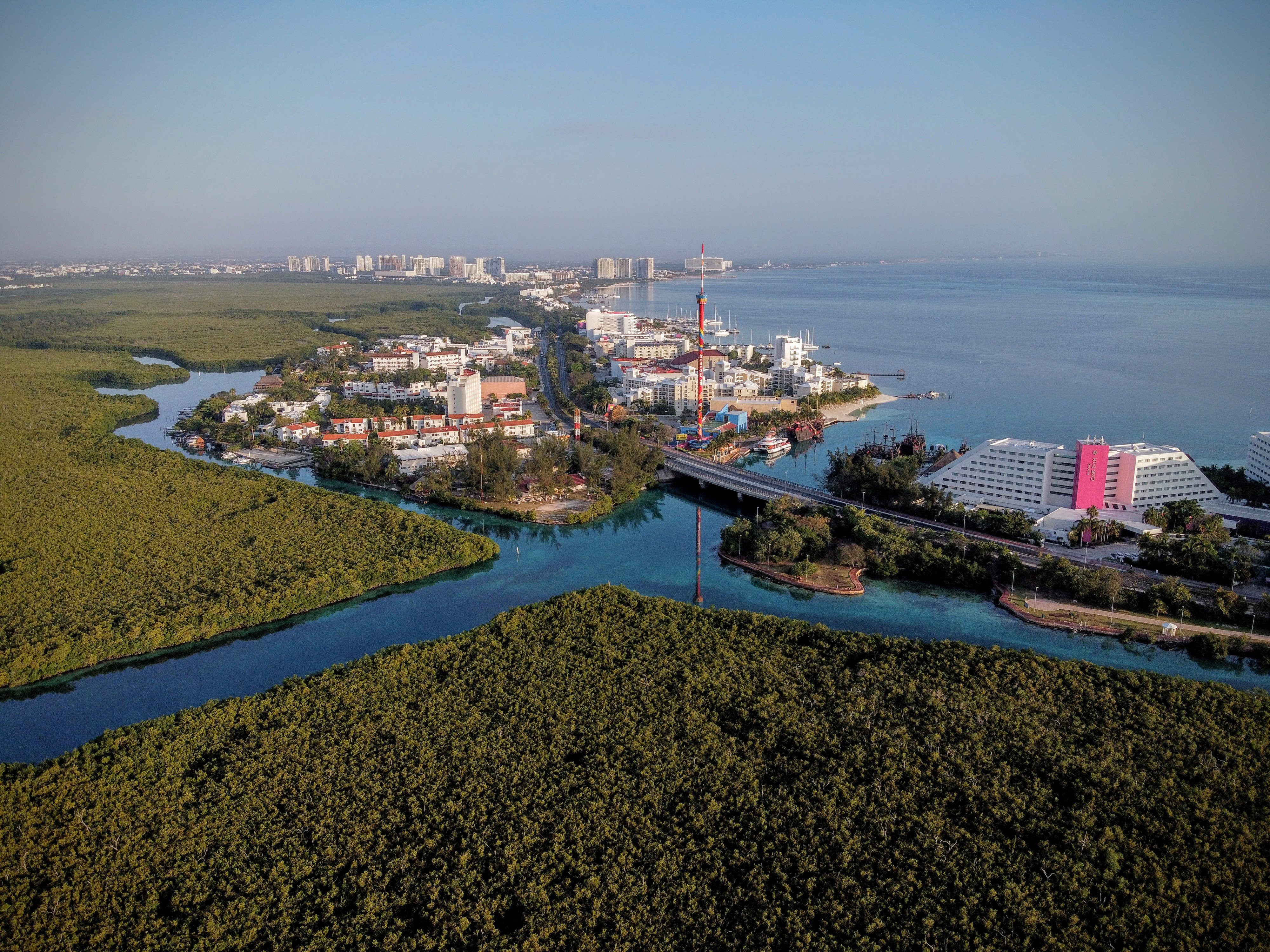 Aerial shot of Cancun hotel zone